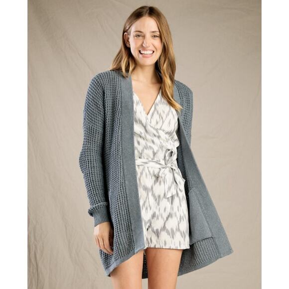 Toad & Co Recycled Denim Waffle Knit Cardigan Sweater Gray Small Long Line - Picture 8 of 13